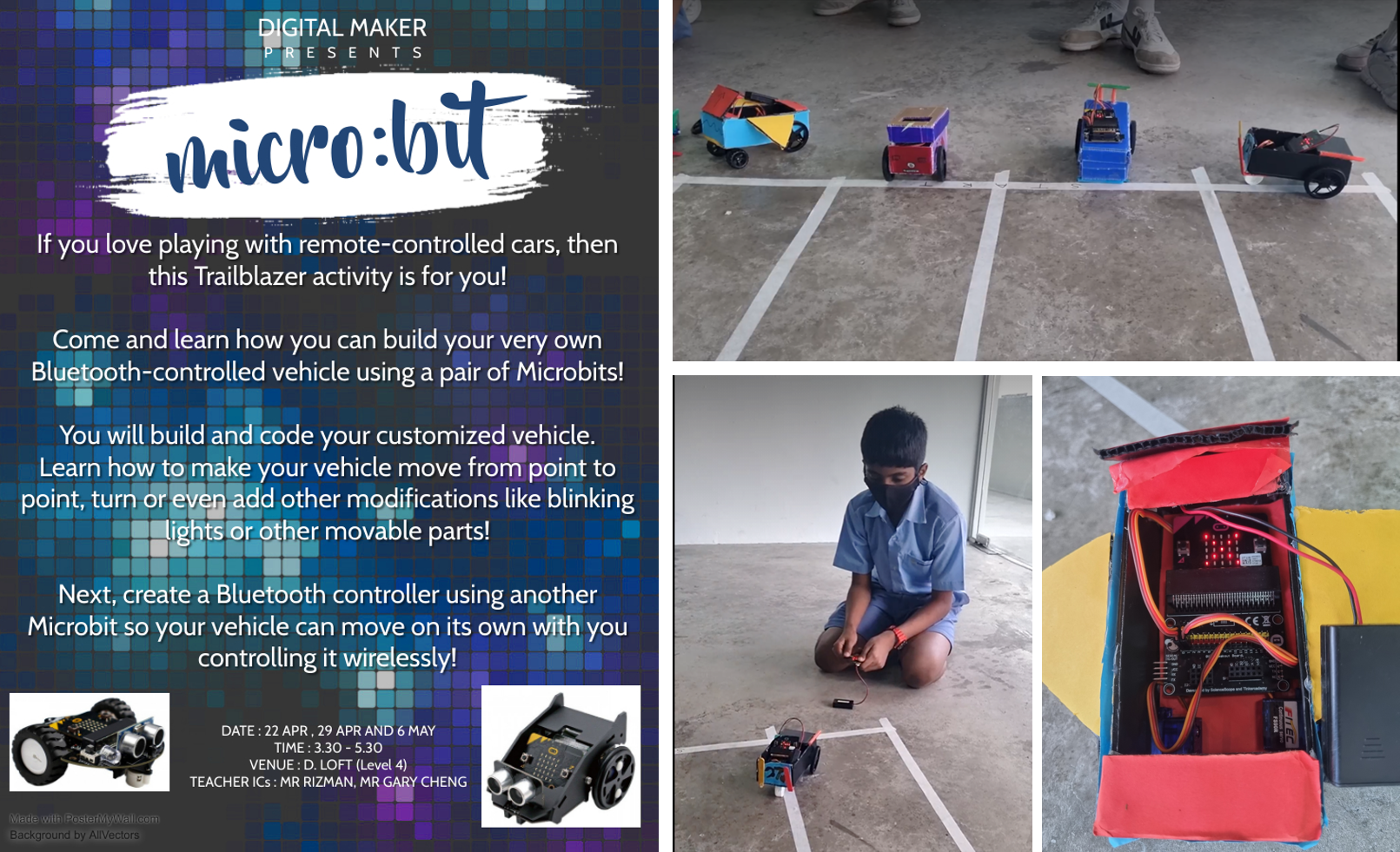 Flyer for a micro:bit Bluetooth vehicle-building workshop, with photos of student-made cardboard cars and a child controlling one.